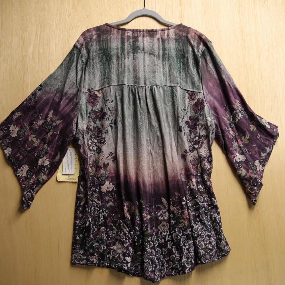 One World Live and Let Live Purple Floral Ombre Lace Up Tunic Top 3X NEW - Picture 2 of 8